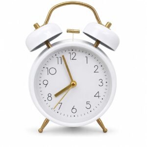 Twin Bell Vintage Table Clock with Night Light, White & Gold