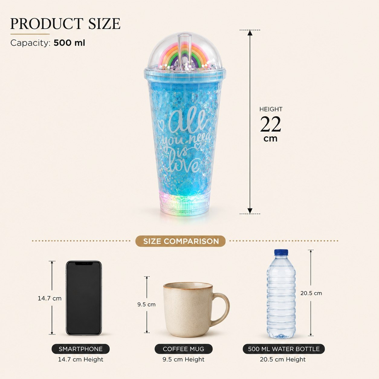Glitter Tumbler Bottle with LED Base & Rainbow Dome Lid, 500 ml - Image 6