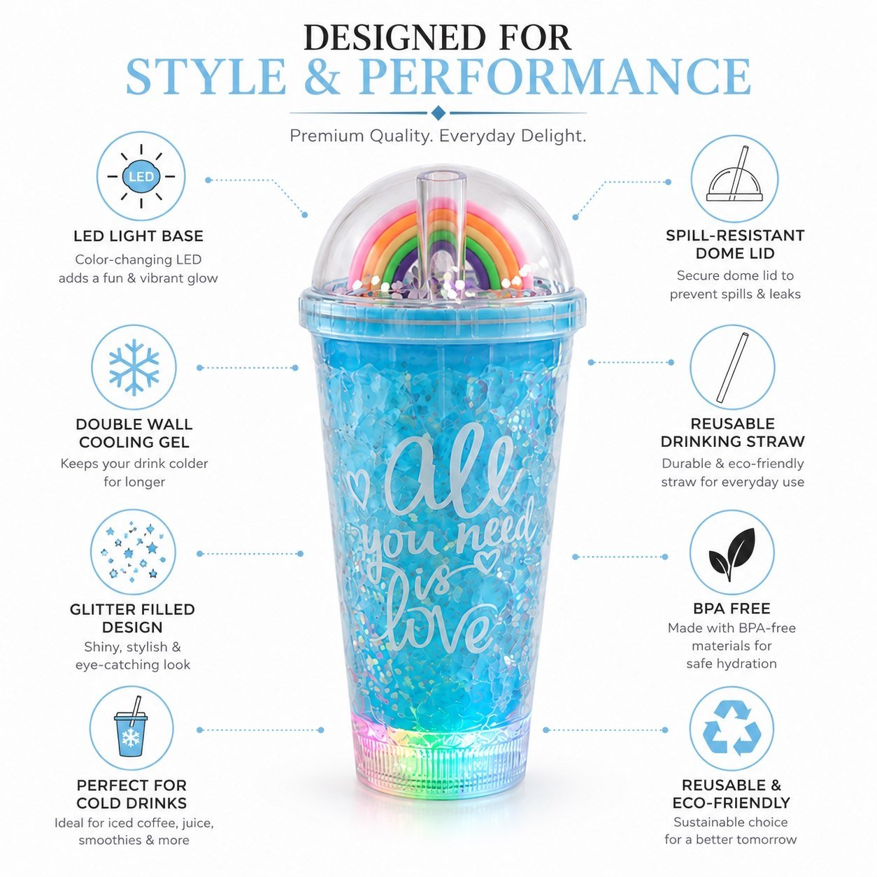 Glitter Tumbler Bottle with LED Base & Rainbow Dome Lid, 500 ml - Image 5