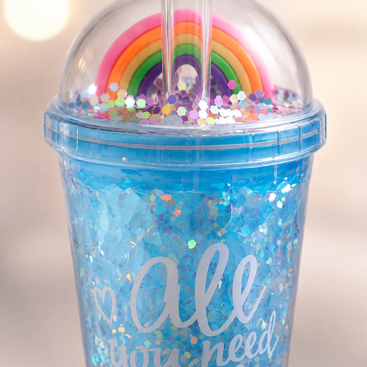 Glitter Tumbler Bottle with LED Base & Rainbow Dome Lid, 500 ml - Image 4