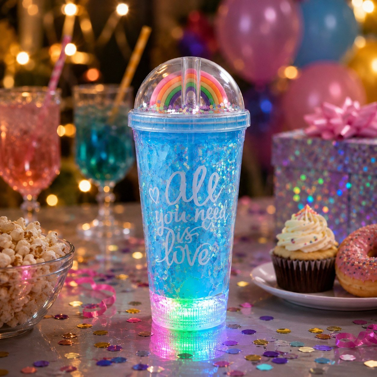 Glitter Tumbler Bottle with LED Base & Rainbow Dome Lid, 500 ml - Image 3